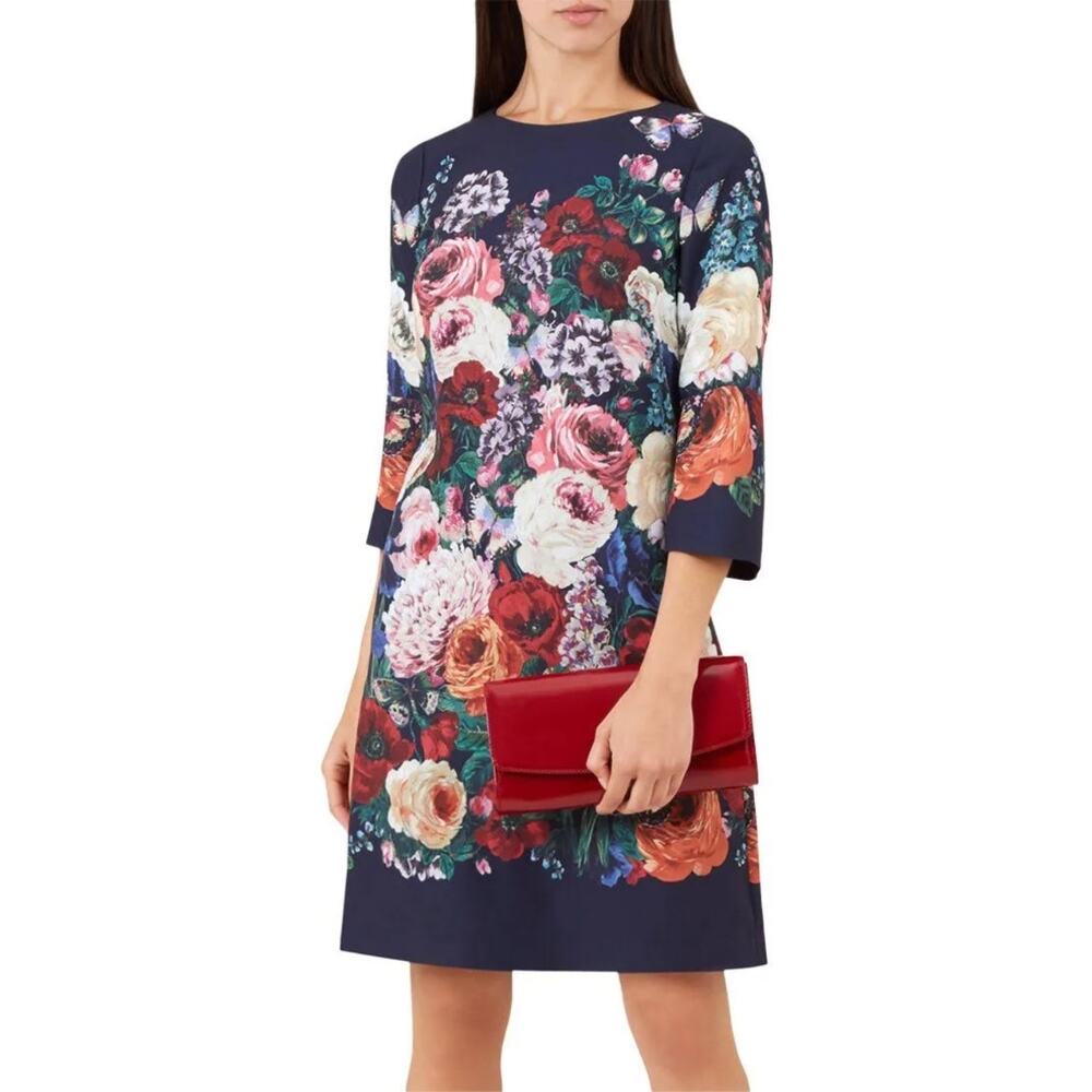 Hobbs London Anoushka Navy Multicolor Floral Print 3/4 Sleeve Shift Dress Size 4